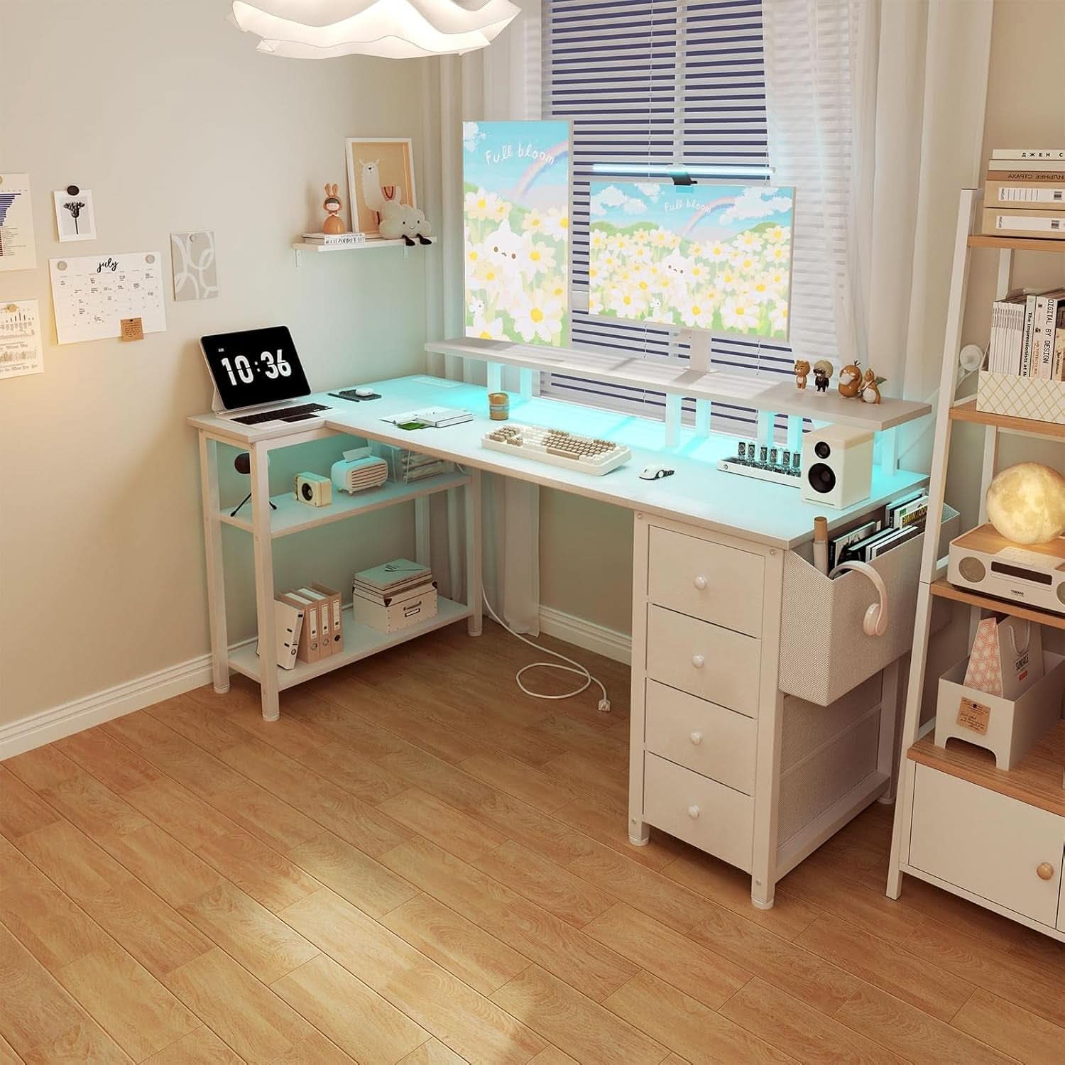 White L Shaped Desk With Monitor Stand 55 Inch LED Lighting
