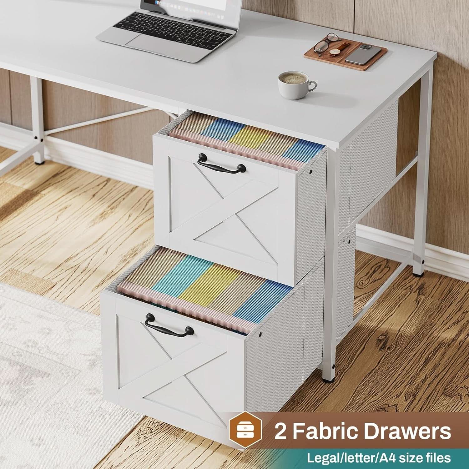 White L Shaped Desk With Fabric File Drawers And Storage