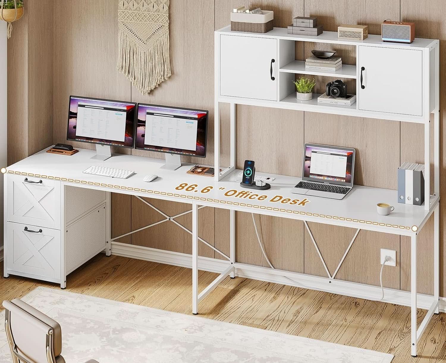 White L Shaped Desk With Fabric File Drawers And Storage