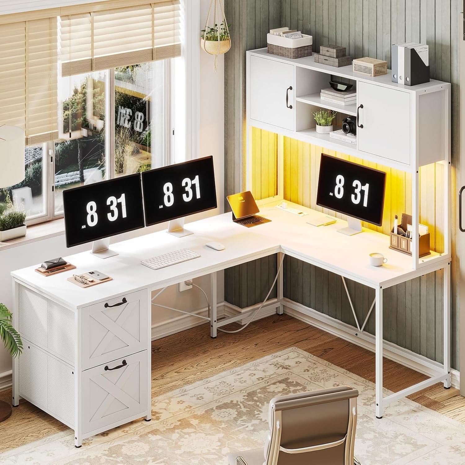 White L Shaped Desk With Fabric File Drawers And Storage