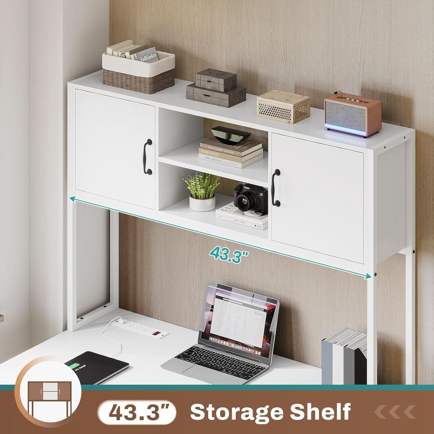 White L Shaped Desk With Fabric File Drawers And Storage