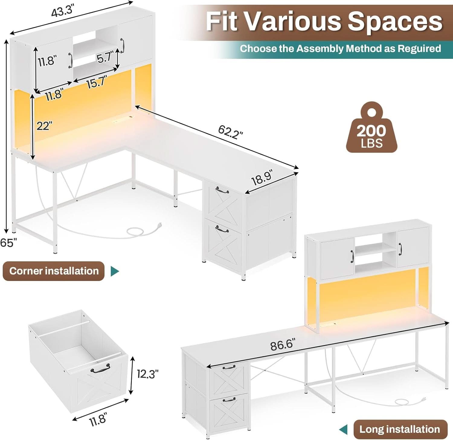 White L Shaped Desk With Fabric File Drawers And Storage