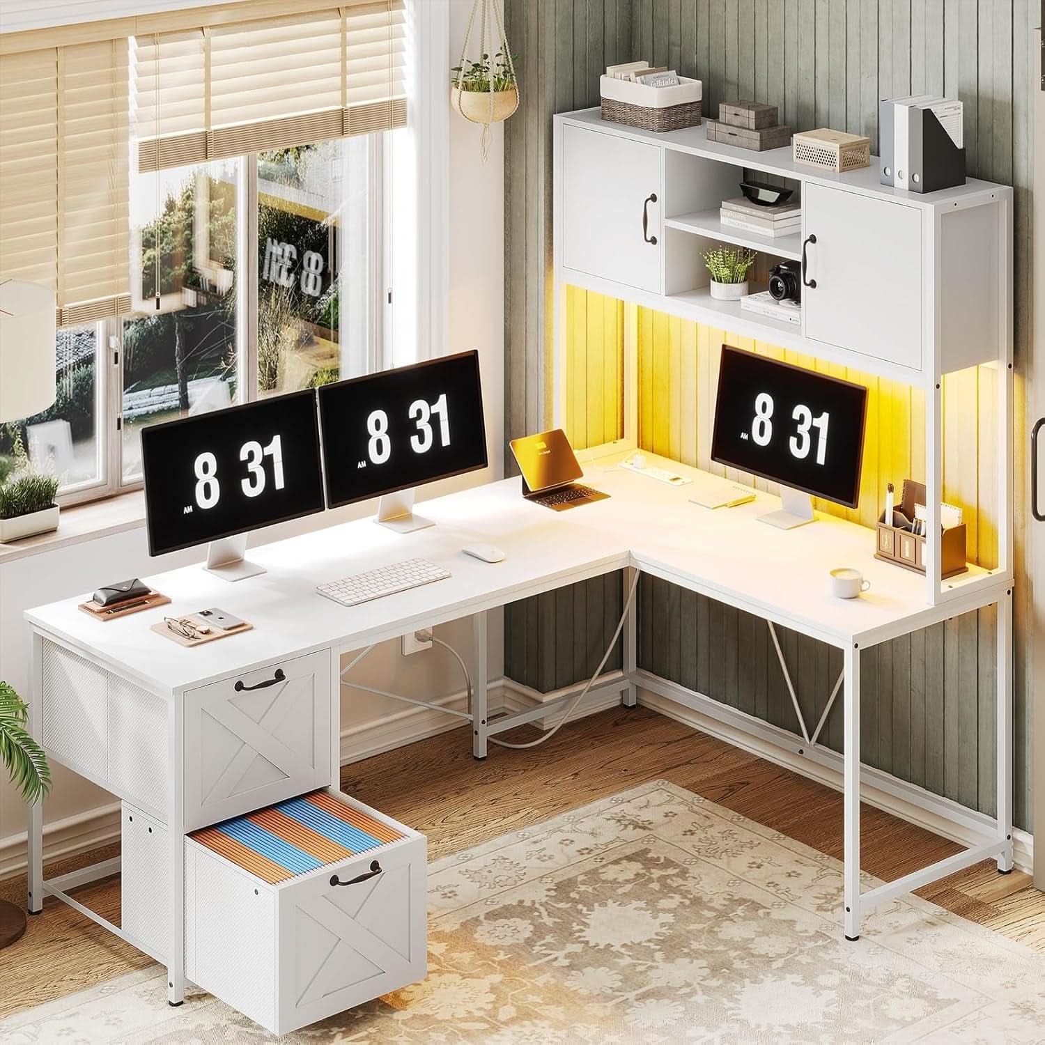 White L Shaped Desk With Fabric File Drawers And Storage