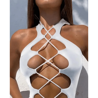 White One Piece Women Fashion Lace-up Plunge Swimsuit Sleeveless Solid Swimwear For Girls