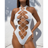 White One Piece Women Fashion Lace-up Plunge Swimsuit Sleeveless Solid Swimwear For Girls