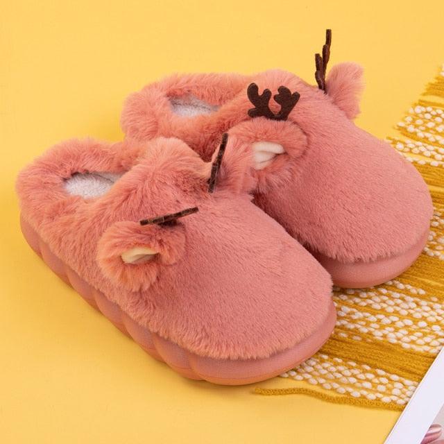 White Slippers For Women Fuzzy Cute Antlers Warm Animal Memory Foam Plush Women Men Indoor Outdoor Bedroom Slippers Fur Home Slippers For Women Memory Foam Anti-Slip Cozy Fluffy Outdoor Indoor Warm Slippers