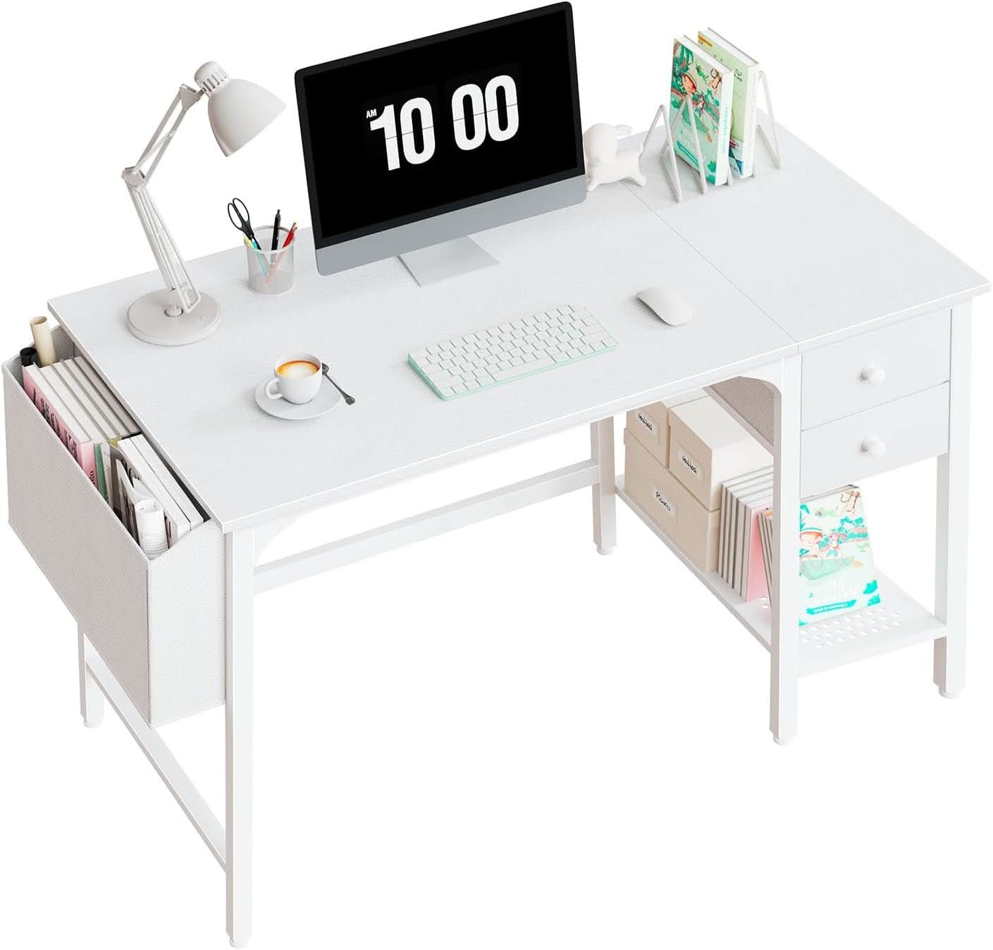 White 40 Inch Computer Desk With Drawers For Small Space Home Office