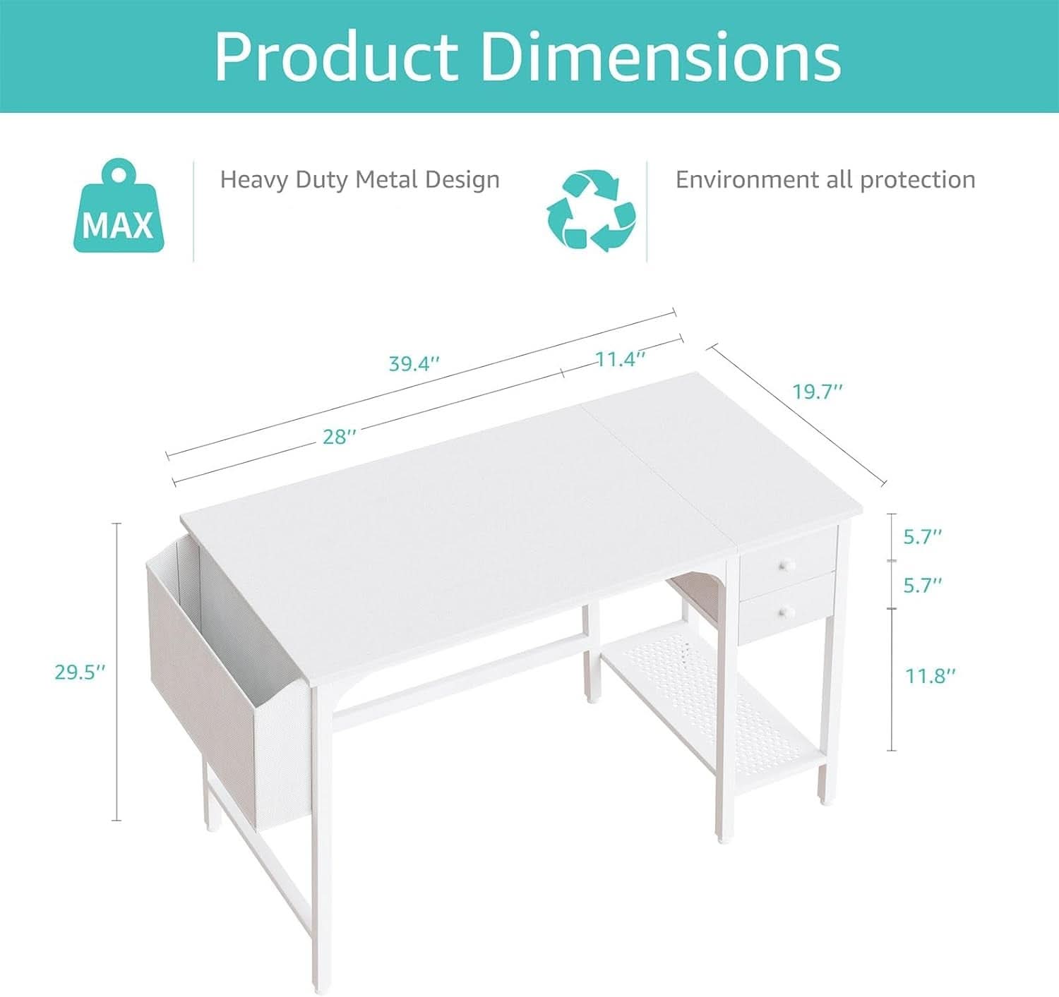 White 40 Inch Computer Desk With Drawers For Small Space Home Office