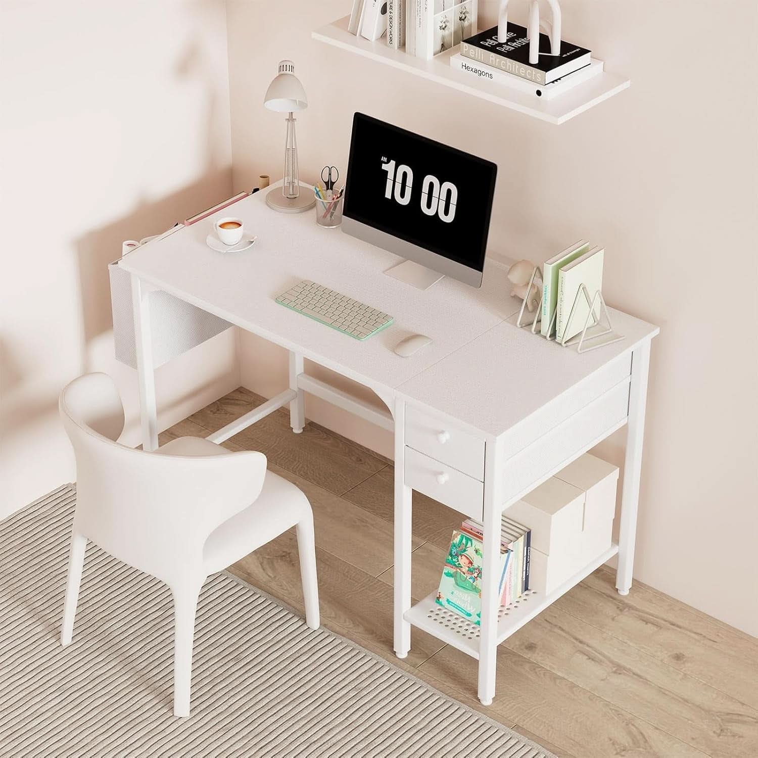 White 40 Inch Computer Desk With Drawers For Small Space Home Office