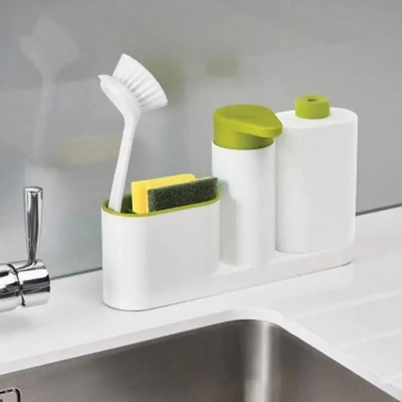White Smart Kitchen Soap Dispenser Bathroom Accessories Liquid Soap Dispenser Simple Storage Box With Tank 3 IN 1 Cleaning Sponge Brush Holder Soap Pump Kitchen Gadgets