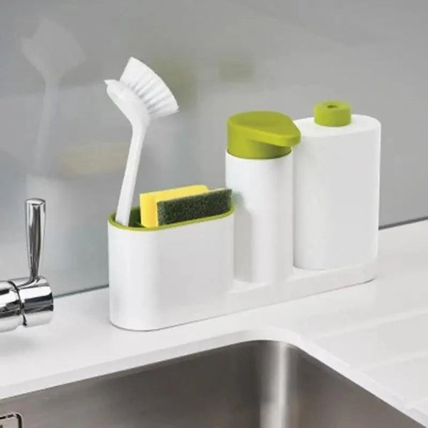 White Smart Kitchen Soap Dispenser Bathroom Accessories Liquid Soap Dispenser Simple Storage Box With Tank 3 IN 1 Cleaning Sponge Brush Holder Soap Pump Kitchen Gadgets