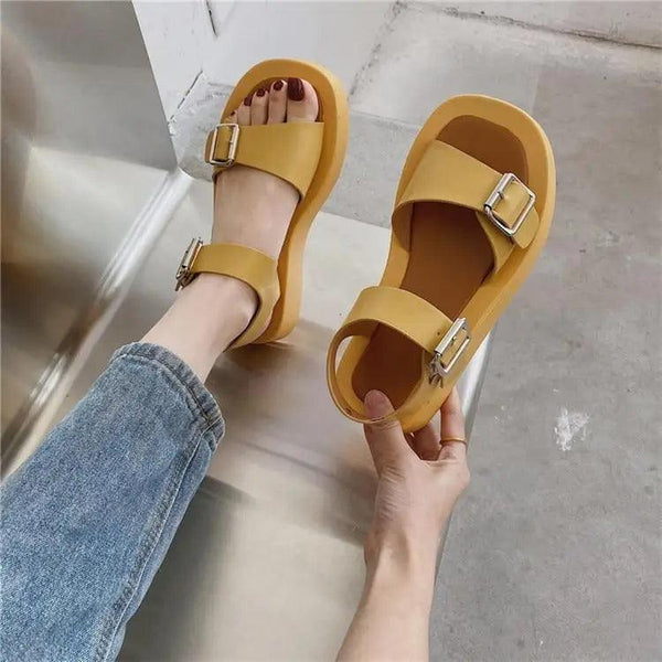 White Womans Sandals Flat Round Sandals Elegant Modern Buckle Strap Comfort Design
