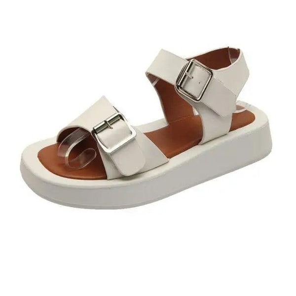 White Womans Sandals Flat Round Sandals Elegant Modern Buckle Strap Comfort Design