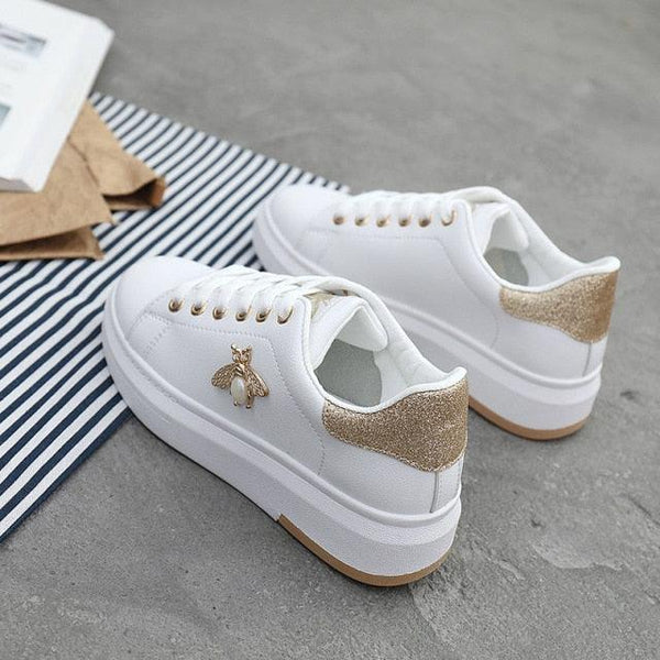 White Women Sneakers Platform Fashion Rhinestone Sneakers Lace Up Casual Shoes Breathable Comfortable Women's Casual Flats Elegant High Quality Sport Women Sneakers