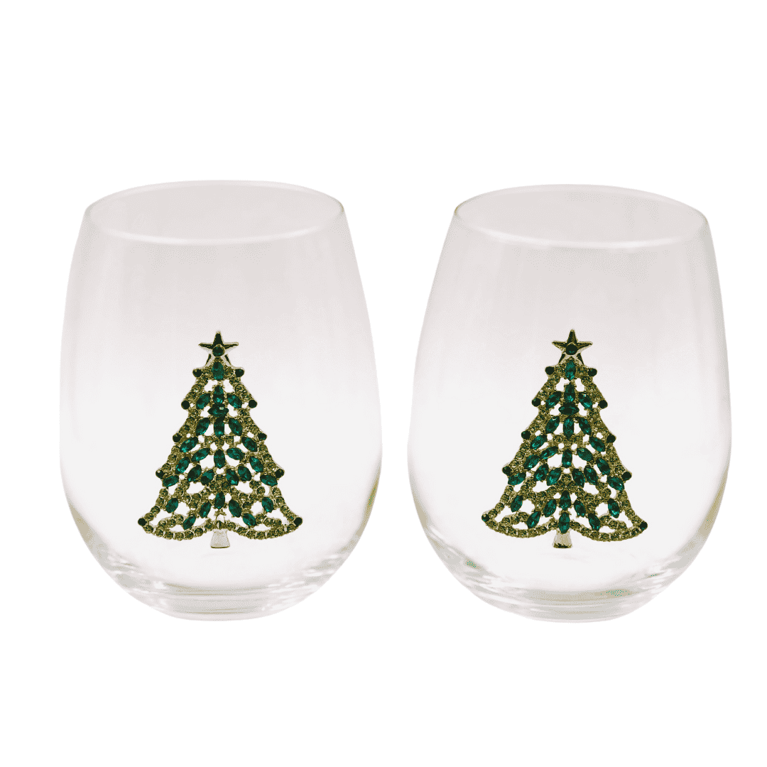Bedazzled Christmas Tree Stemless Wine Glasses