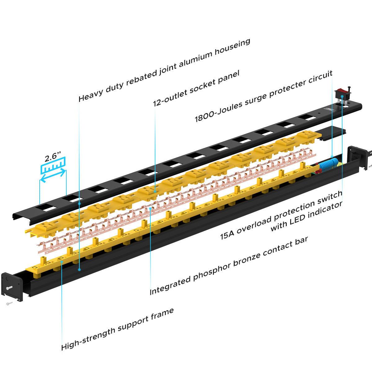 CRST 12-Outlet Metal Power Strip Surge Protector — 1800J, 2.6
