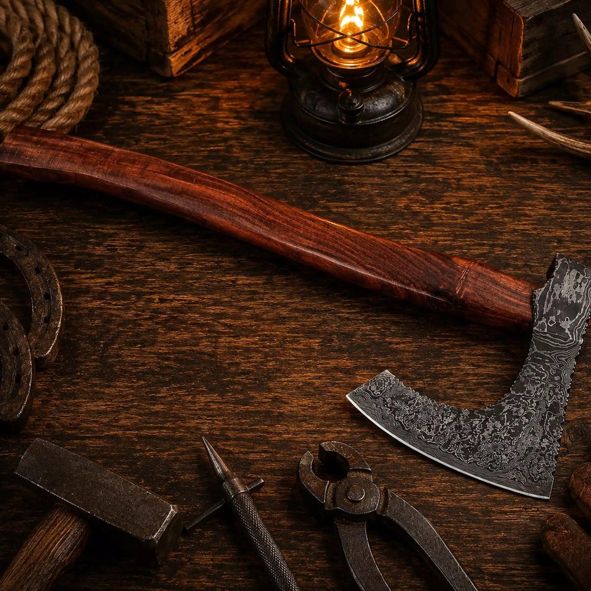 Wild Frontier Damascus Viking Axe – Rosewood Handle & Leather Sheath