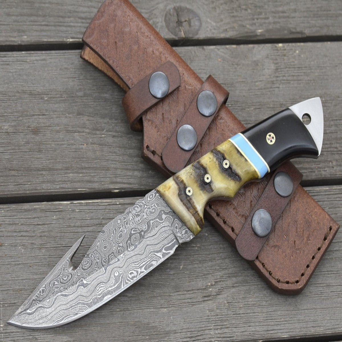 Wilderness Master Gut Hook Knife with Ram Horn and Turquoise Handle