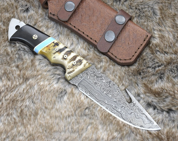 Wilderness Master Gut Hook Knife with Ram Horn and Turquoise Handle