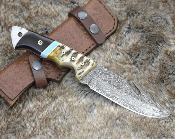 Wilderness Master Gut Hook Knife with Ram Horn and Turquoise Handle - Gifts for You 'n Me