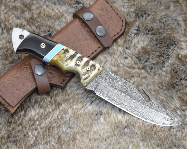 Wilderness Master Gut Hook Knife with Ram Horn and Turquoise Handle
