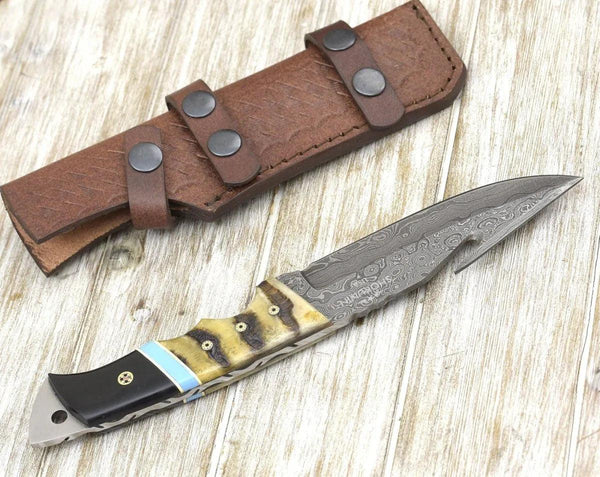 Wilderness Master Gut Hook Knife with Ram Horn and Turquoise Handle - Gifts for You 'n Me