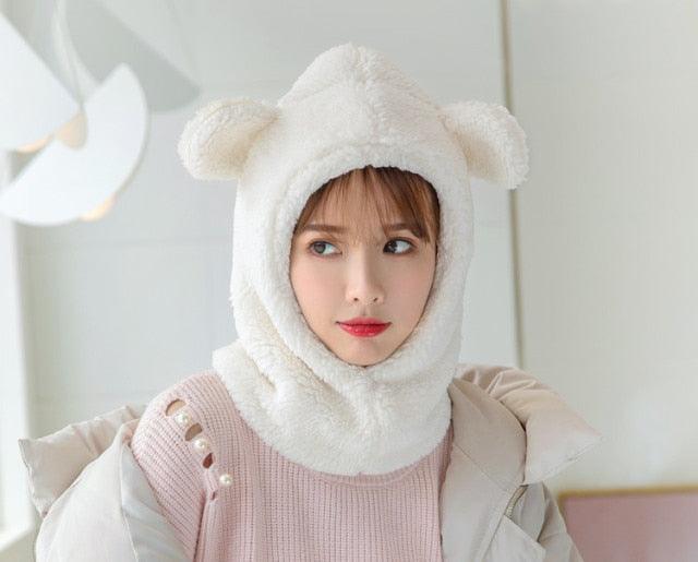 Winter Cute Bear Ears Warm Hat Windproof Neck Scarf Cap Student Women Plus Cashmere Cap Unisex Keep Warm Sports Beanies Knitted Headgear Face Hooded Cowl Neckerchief with Drawstring Soft Balaclava Pullover Knitted Beanie