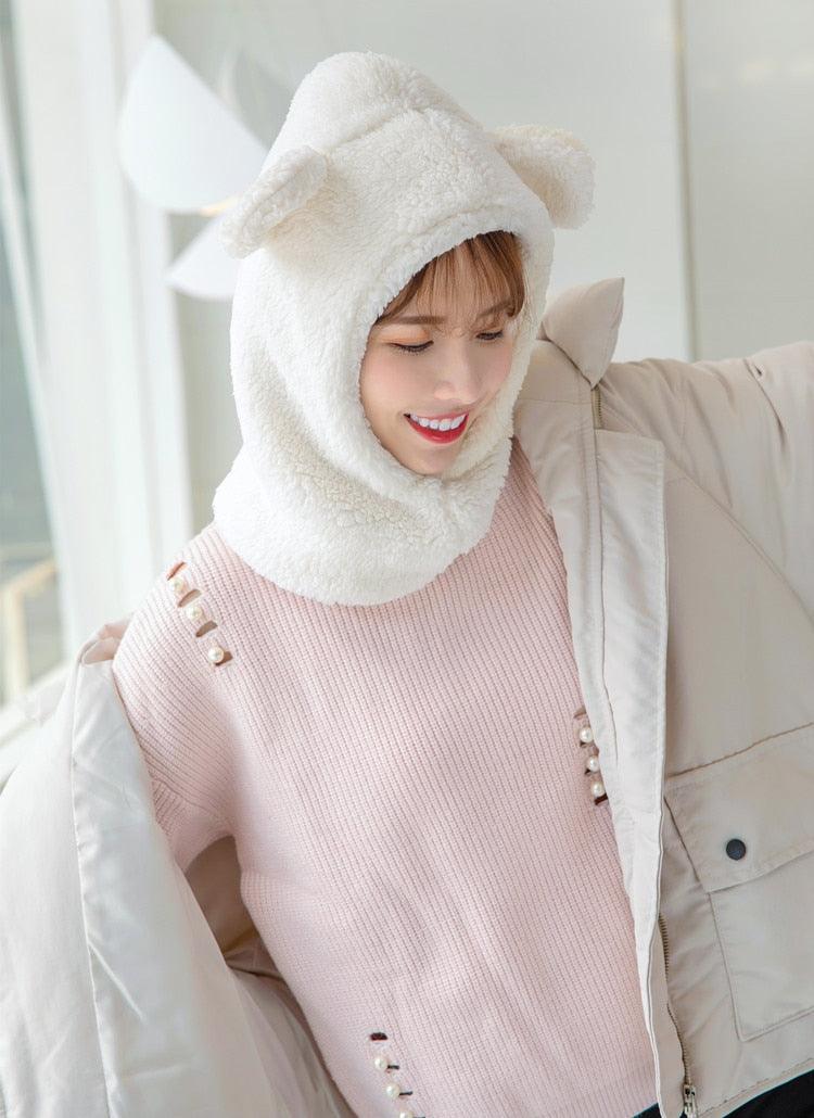 Winter Cute Bear Ears Warm Hat Windproof Neck Scarf Cap Student Women Plus Cashmere Cap Unisex Keep Warm Sports Beanies Knitted Headgear Face Hooded Cowl Neckerchief with Drawstring Soft Balaclava Pullover Knitted Beanie