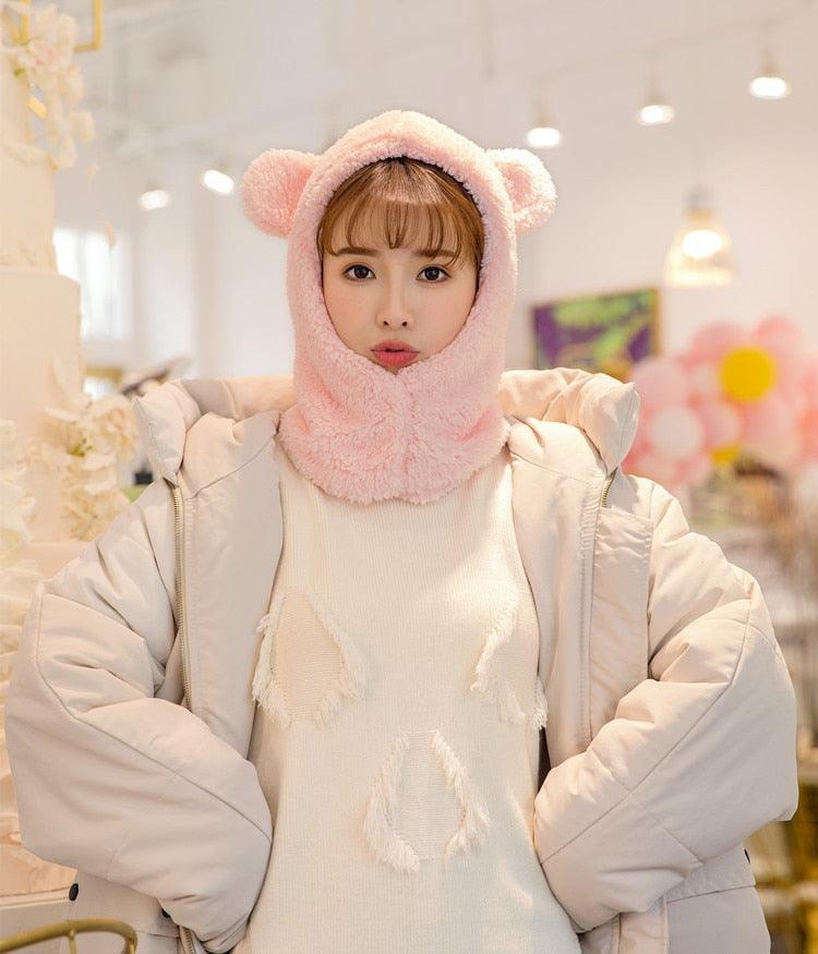 Winter Cute Bear Ears Warm Hat Windproof Neck Scarf Cap Student Women Plus Cashmere Cap Unisex Keep Warm Sports Beanies Knitted Headgear Face Hooded Cowl Neckerchief with Drawstring Soft Balaclava Pullover Knitted Beanie