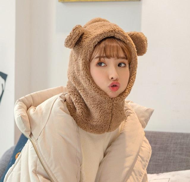 Winter Cute Bear Ears Warm Hat Windproof Neck Scarf Cap Student Women Plus Cashmere Cap Unisex Keep Warm Sports Beanies Knitted Headgear Face Hooded Cowl Neckerchief with Drawstring Soft Balaclava Pullover Knitted Beanie