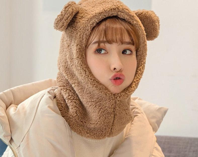 Winter Cute Bear Ears Warm Hat Windproof Neck Scarf Cap Student Women Plus Cashmere Cap Unisex Keep Warm Sports Beanies Knitted Headgear Face Hooded Cowl Neckerchief with Drawstring Soft Balaclava Pullover Knitted Beanie