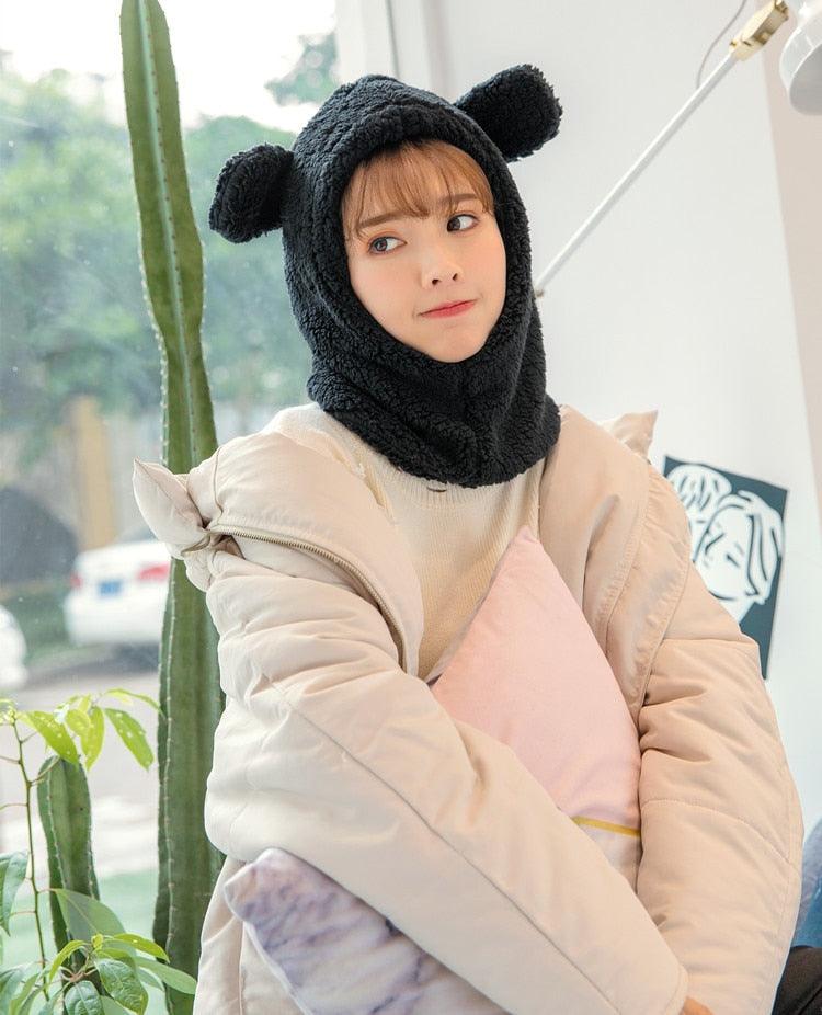 Winter Cute Bear Ears Warm Hat Windproof Neck Scarf Cap Student Women Plus Cashmere Cap Unisex Keep Warm Sports Beanies Knitted Headgear Face Hooded Cowl Neckerchief with Drawstring Soft Balaclava Pullover Knitted Beanie