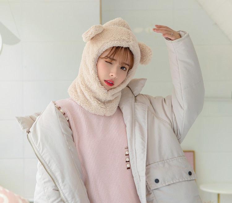 Winter Cute Bear Ears Warm Hat Windproof Neck Scarf Cap Student Women Plus Cashmere Cap Unisex Keep Warm Sports Beanies Knitted Headgear Face Hooded Cowl Neckerchief with Drawstring Soft Balaclava Pullover Knitted Beanie