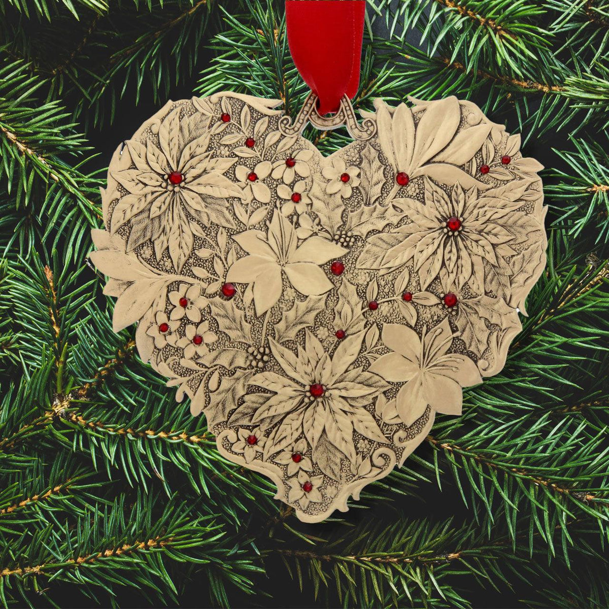 Seasons of Love Winter Floral Heart Ornament with Crystals - Bronze