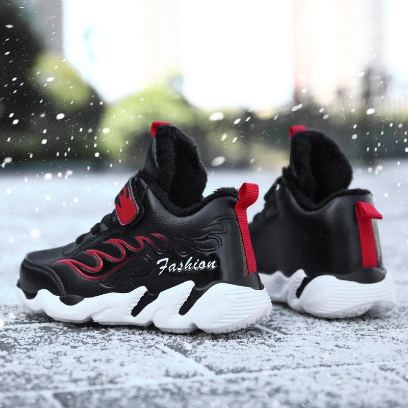 Winter Kids Sneakers Leather Children Sports Shoes Plush Warm Running Shoes For Boys Fashion Casual Walking Sneakers Water Resistant Hiking Boots Non Slip Athletic Outdoor Sneakers