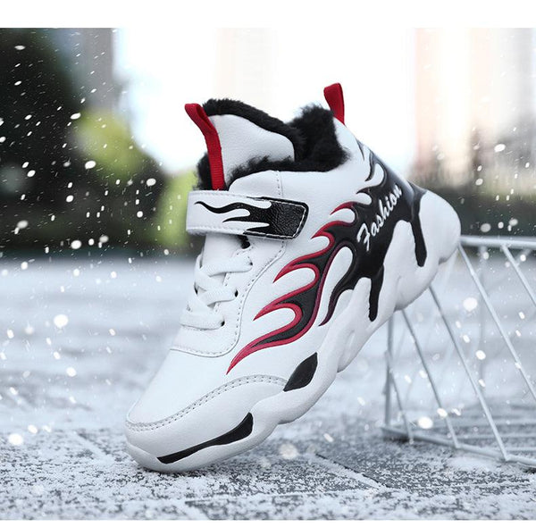 Winter Kids Sneakers Leather Children Sports Shoes Plush Warm Running Shoes For Boys Fashion Casual Walking Sneakers Water Resistant Hiking Boots Non Slip Athletic Outdoor Sneakers