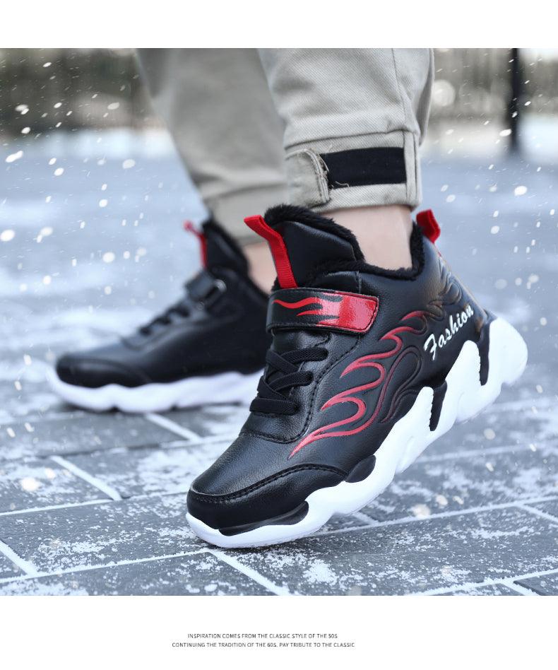 Winter Kids Sneakers Leather Children Sports Shoes Plush Warm Running Shoes For Boys Fashion Casual Walking Sneakers Water Resistant Hiking Boots Non Slip Athletic Outdoor Sneakers