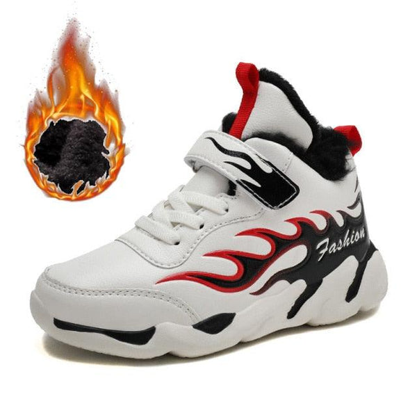 Winter Kids Sneakers Leather Children Sports Shoes Plush Warm Running Shoes For Boys Fashion Casual Walking Sneakers Water Resistant Hiking Boots Non Slip Athletic Outdoor Sneakers