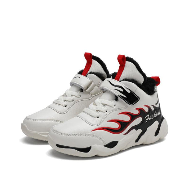 Winter Kids Sneakers Leather Children Sports Shoes Plush Warm Running Shoes For Boys Fashion Casual Walking Sneakers Water Resistant Hiking Boots Non Slip Athletic Outdoor Sneakers