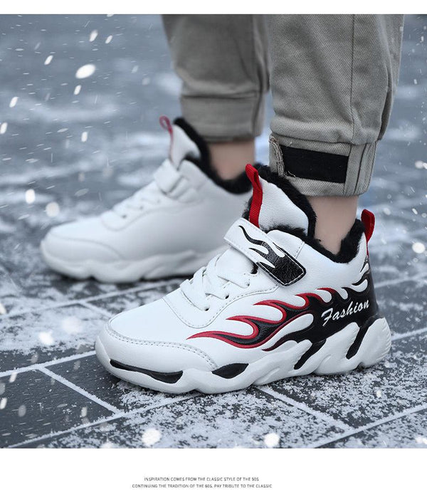 Winter Kids Sneakers Leather Children Sports Shoes Plush Warm Running Shoes For Boys Fashion Casual Walking Sneakers Water Resistant Hiking Boots Non Slip Athletic Outdoor Sneakers