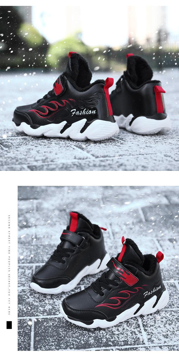 Winter Kids Sneakers Leather Children Sports Shoes Plush Warm Running Shoes For Boys Fashion Casual Walking Sneakers Water Resistant Hiking Boots Non Slip Athletic Outdoor Sneakers