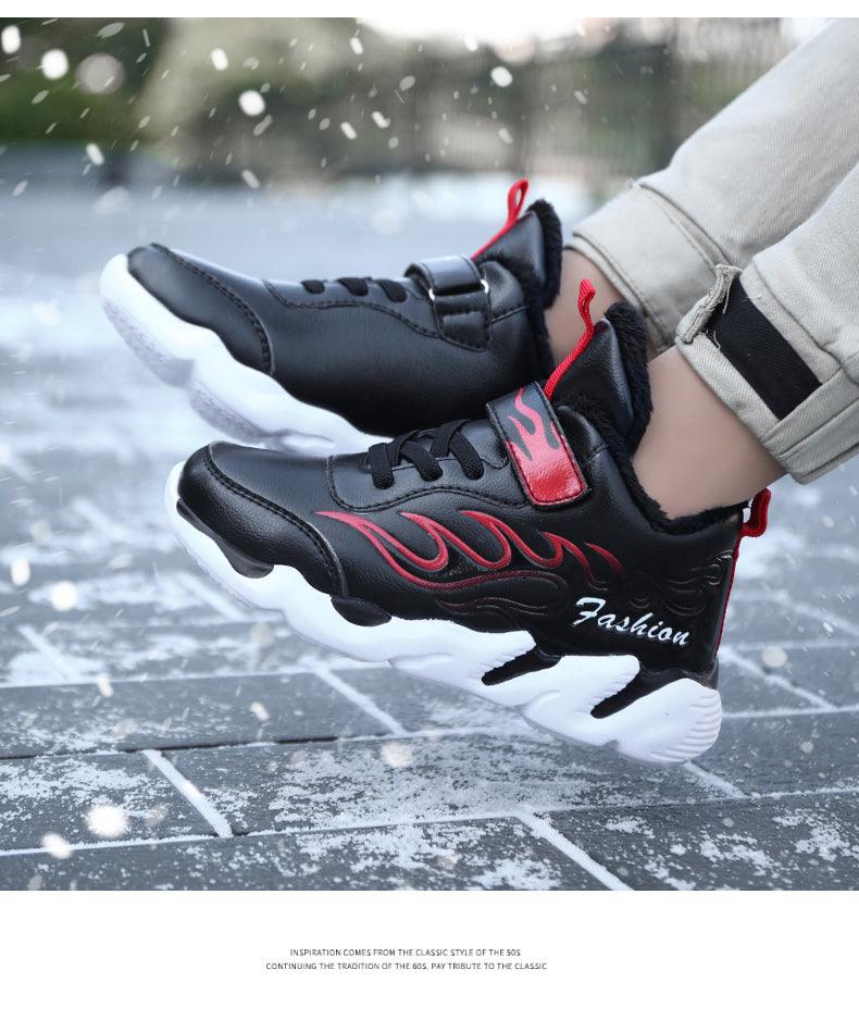 Winter Kids Sneakers Leather Children Sports Shoes Plush Warm Running Shoes For Boys Fashion Casual Walking Sneakers Water Resistant Hiking Boots Non Slip Athletic Outdoor Sneakers