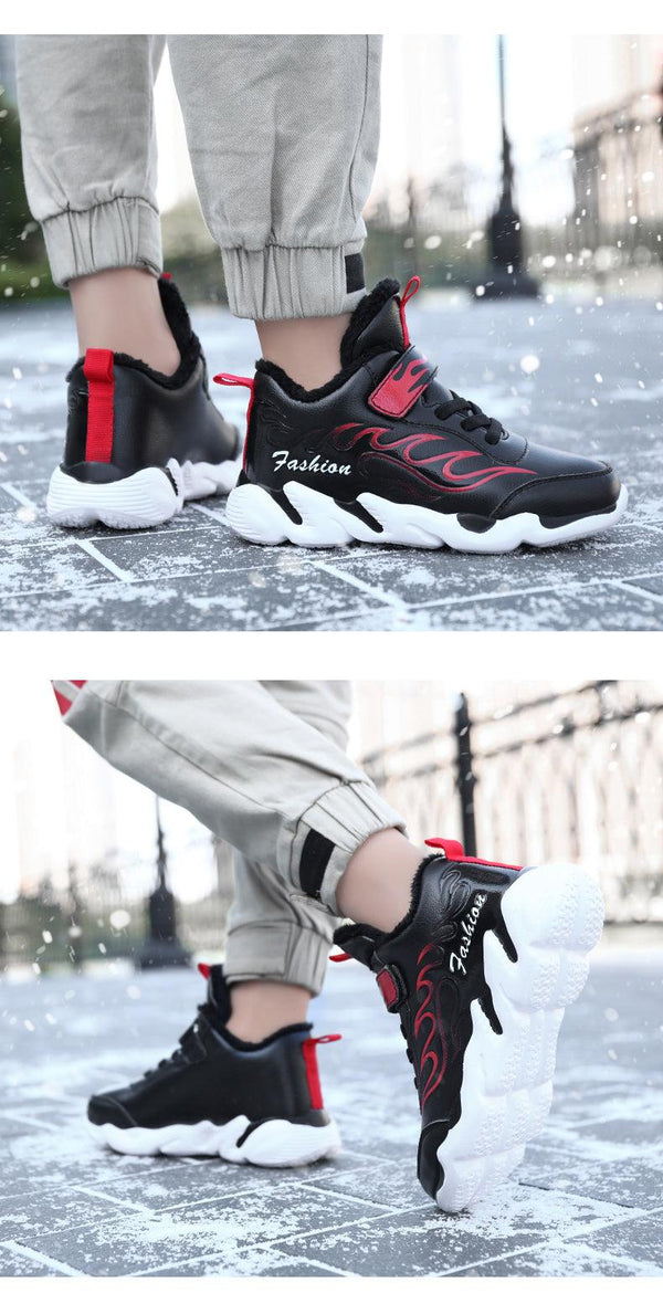 Winter Kids Sneakers Leather Children Sports Shoes Plush Warm Running Shoes For Boys Fashion Casual Walking Sneakers Water Resistant Hiking Boots Non Slip Athletic Outdoor Sneakers