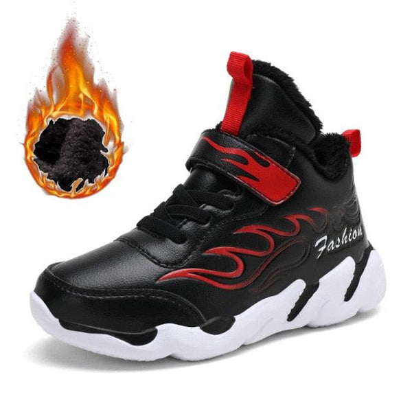Winter Kids Sneakers Leather Children Sports Shoes Plush Warm Running Shoes For Boys Fashion Casual Walking Sneakers Water Resistant Hiking Boots Non Slip Athletic Outdoor Sneakers