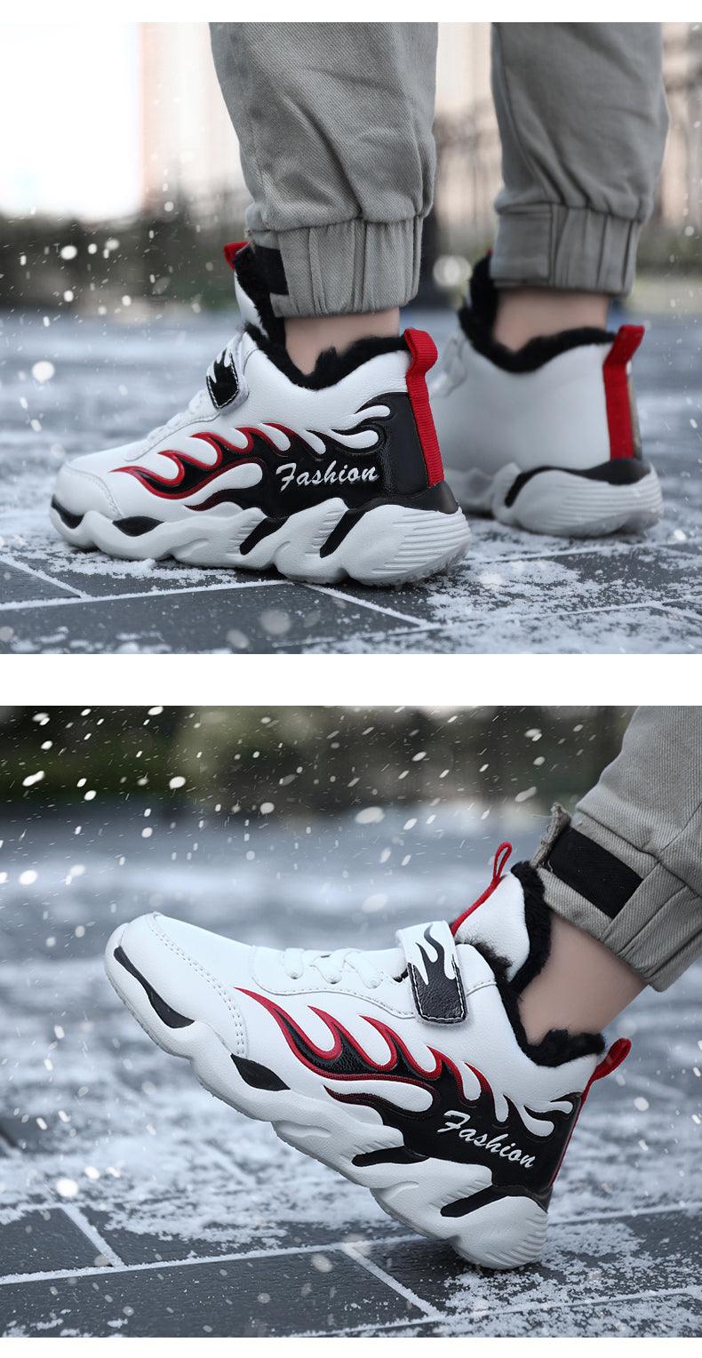 Winter Kids Sneakers Leather Children Sports Shoes Plush Warm Running Shoes For Boys Fashion Casual Walking Sneakers Water Resistant Hiking Boots Non Slip Athletic Outdoor Sneakers