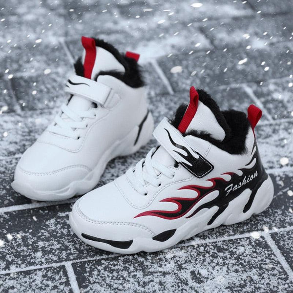 Winter Kids Sneakers Leather Children Sports Shoes Plush Warm Running Shoes For Boys Fashion Casual Walking Sneakers Water Resistant Hiking Boots Non Slip Athletic Outdoor Sneakers