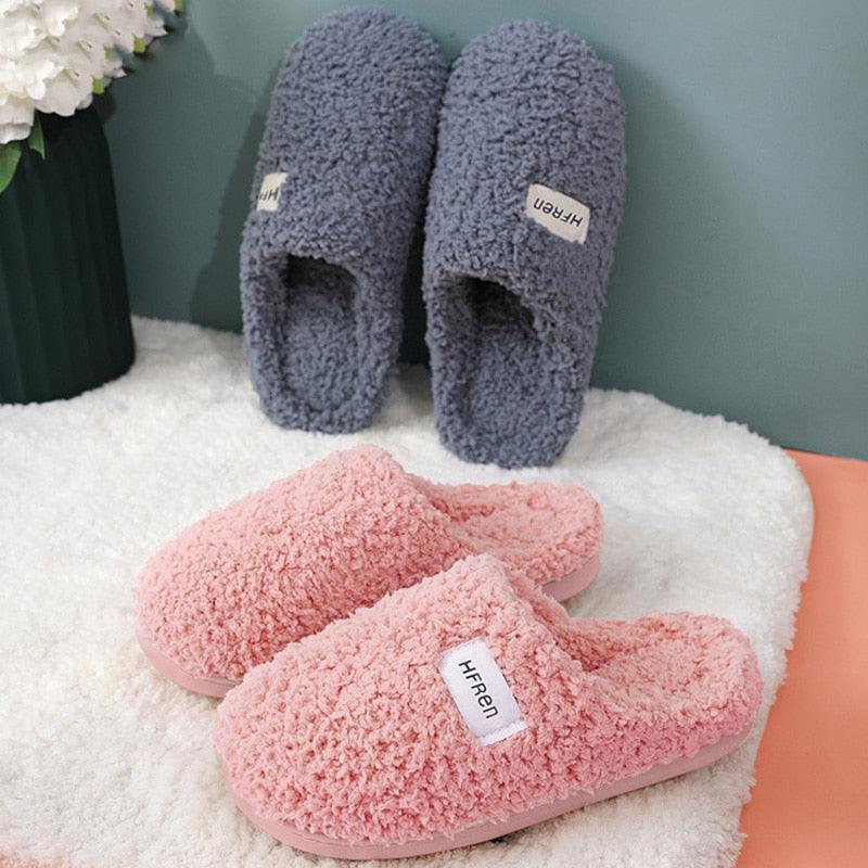 Winter Short Plush Cotton Home Slippers Women Indoor Floor Footwear Fashion Men Household Warm Slides Flat Couple House Slippers With Memory Foam Snd Comfortable Warm Shoes