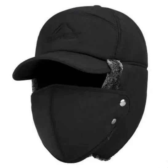 Winter Thermal Black Hat Fashion Ear Protection Face Windproof Adjustable Ski Cap Thicken Outdoor Hat
