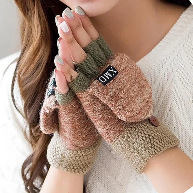 Winter Warm Thickening Wool Gloves Knitted Flip Fingerless Exposed Finger Thick Gloves Mittens Soft Cold Weather Women Gloves
