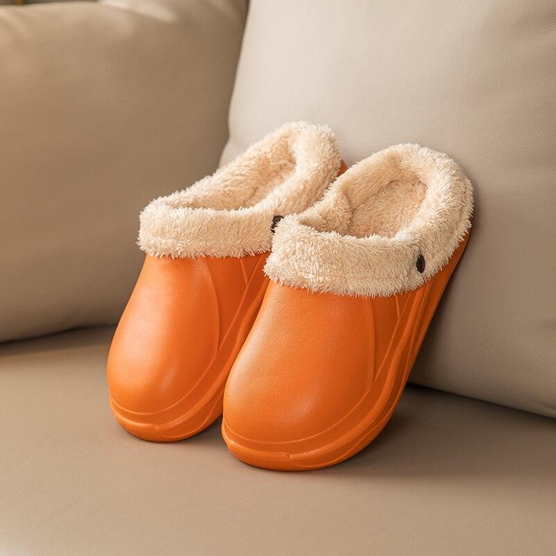 Winter Woman Plush Waterproof Warm Fur Slippers Lady Clogs Lovers Home Indoor Floor Cotton Shoes Fluffy Fleece Lined Winter Indoor Outdoor Non-Slip House Home Slip On Garden Men Women Shoes